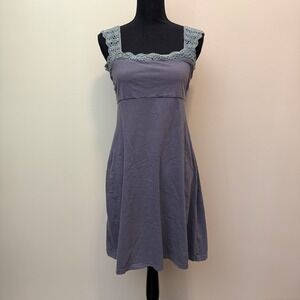 Synergy Organic Cotton Crochet Trim Empire Waist Mini Dress Purple Gray Womens L